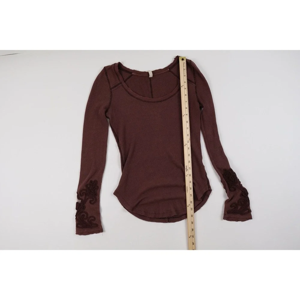 Free People Thermal Top Embroidered Cuff Brown Waffle Knit S Small